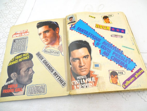 Vintage French Homemade Elvis Presley and James Dean Scrapbook, Retro Unique Collage Of News Paper Cuttings of The King, Old Collection