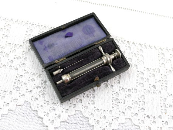 Small Antique French Victorian Boxed Syringe Set Glass and Metal, Vintage Apothecary Accessory, Hypodermic Needle Medical Museum Collection