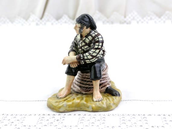 Vintage Portuguese Secla Handpainted Pottery Figurine Fisherman Sitting, Retro Ceramic Statuette Portugal Sea Side Marine Themed  Decor