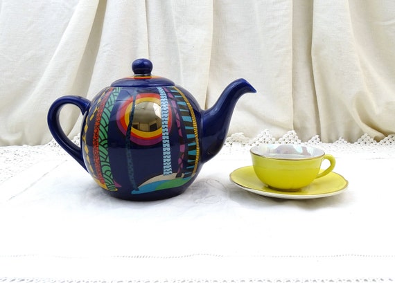 Vintage French Colorful Stoneware Teapot By Pylones Paris Design by Crea Crea in 1980s Inspired Colors, Retro Designer Tea Tableware France