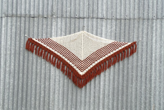 Vintage 1970s Hand Crocheted Large Fringed Shawl in Brown and White Wool, 1960s Woman's Shoulders Accessory from France, Mid Century Hippy