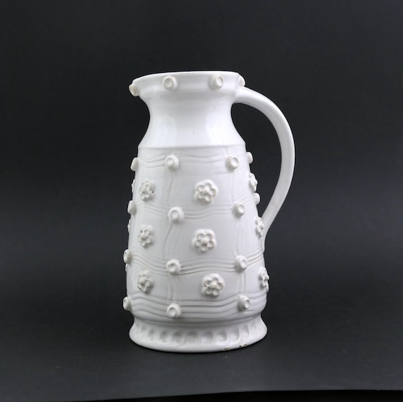 Vintage French Emile Tessier White Glazed Earthenware Pitcher Retro Ceramic Vase from the Sarthe Region of France, 50s Studio Pottery