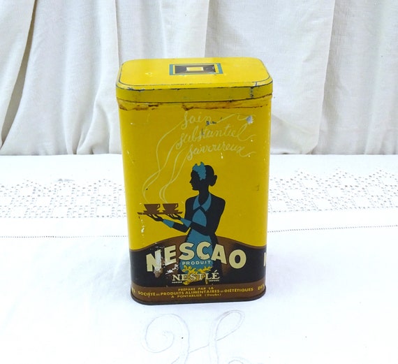 Vintage French Nestlé Nescao Powdered Chocolate Tin Box in Yellow and Brown Graphics, Mid Century Promotional Advertising Kitchen Decor