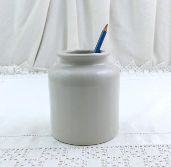 Vintage French Round Off White Salt Glaze Earthenware Crock Pot, Pottery Storage Jar France, Country Brocante Farmhouse Cottagecore Decor