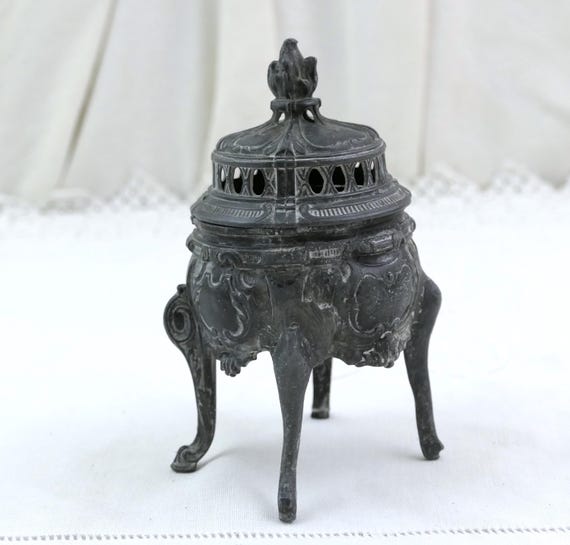 Antique French  19th Century Dark Pot Metal Small Jewelry Box on 4 Legs, Retro Ornamental Rococo Style Casket, Victorian Boudoir Decor