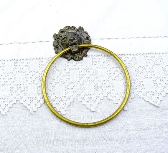 Vintage French Wall Mounted Bronze Brass Metal Lion's Head Ring Towel Holder from France, Retro Chateau Chic Shabby Bathroom Decor,