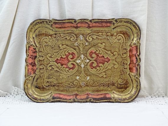 Small vintage Gold and Pink Colored Venetian Style Serving Tray, Retro Italian Decor Golden Decorative Tray, MCM Florentine Home Decor 1960s