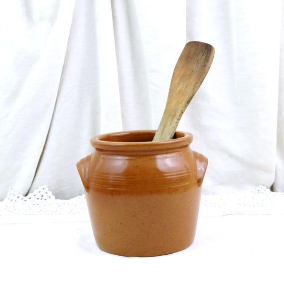 Vintage French Round Brown Salt Glaze Earthenware Crock Pot, Retro Pottery Storage Jar France, Country Brocante Farmhouse Cottagecore Decor