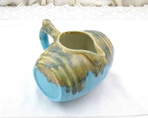 Vintage French Novelty Pottery Pitcher Shaped as a Wine Barrel with Blue and Gray Drip Glaze, Fun Ceramic Jug from France, Collectible China