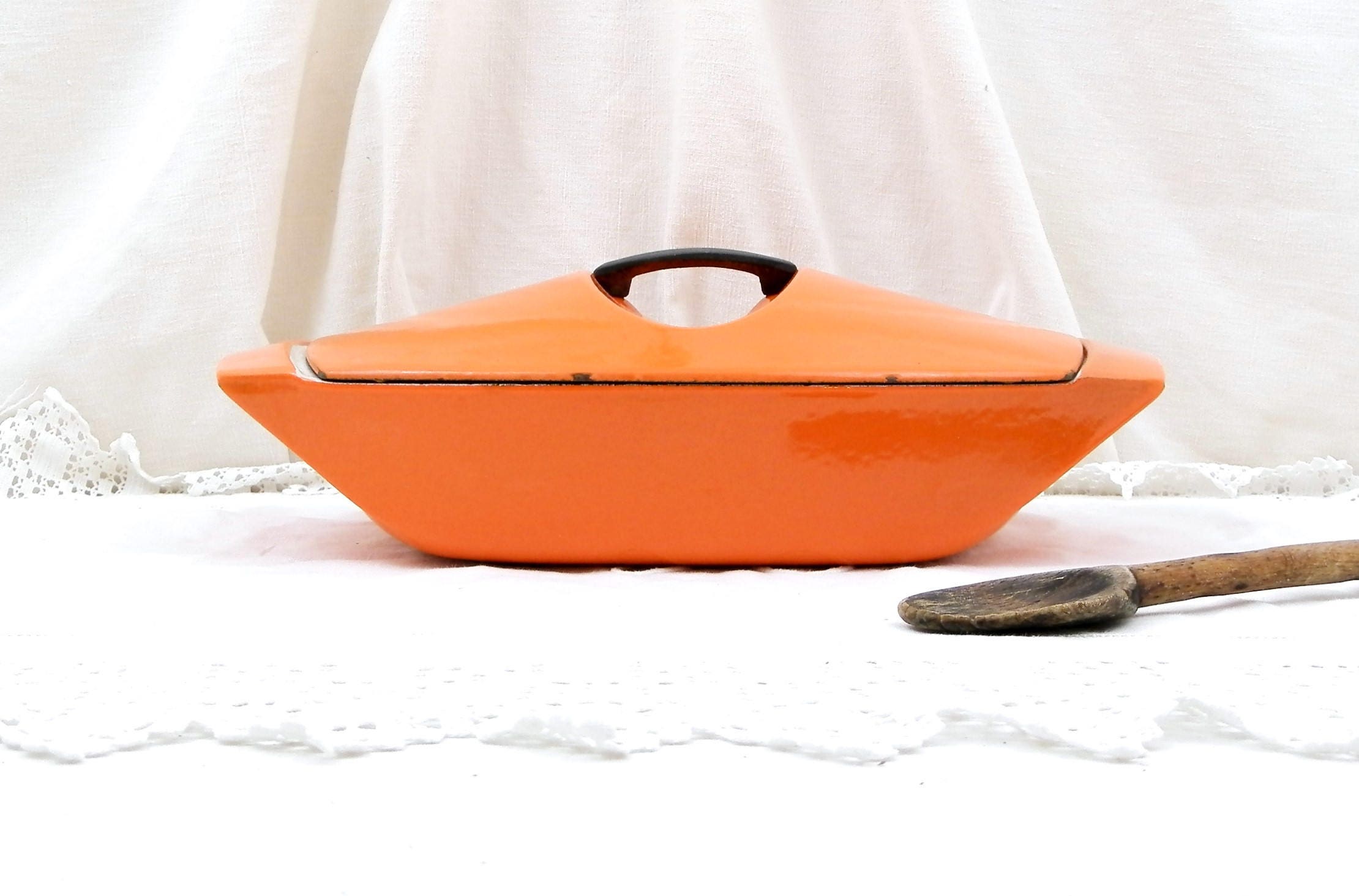 Vintage French Designer Bright Orange Enameled Cast Iron Le Creuset 4.5 Cooking Pan / Pot and