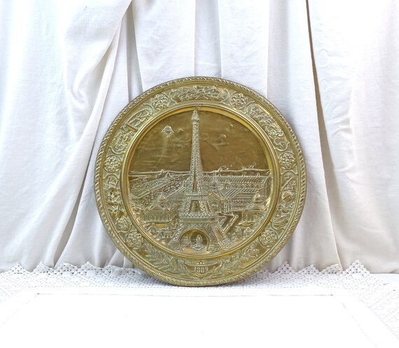 Antique French Celebratory Brass Wall Plate of 1889 Paris Exposition with the Eiffel Tower, Antique 19th Century Metal Charger Parisian Show