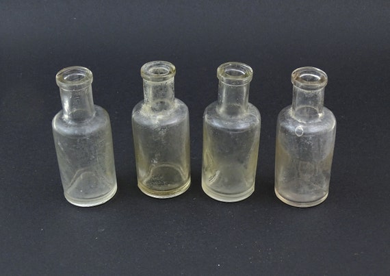 4 Small Antique French Clear Glass Bottles with Air Bubbles, Retro Collection of Tiny Glassware Containers from France, Farmhouse Brocante