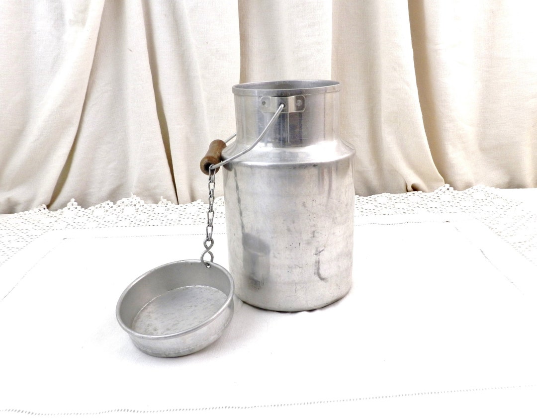 French Vintage Metal Milk Pail With Wooden Handle and Lid, Retro