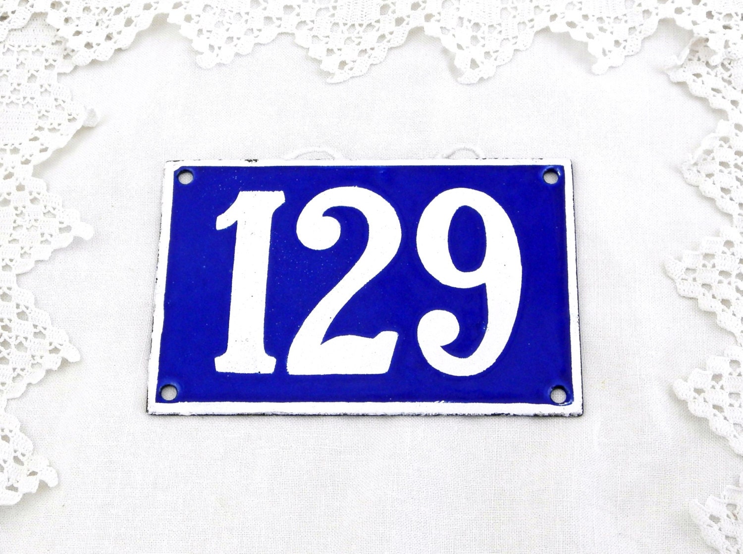 Vintage Traditional French Enamel House Number Plate Number 129 In Blue
