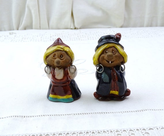 Vintage Swedish Tore Borg Handmade Pottery Troll Figurine Couple with Big Earrings, Retro Fun Scandinavian China Glazed Small Sculptures