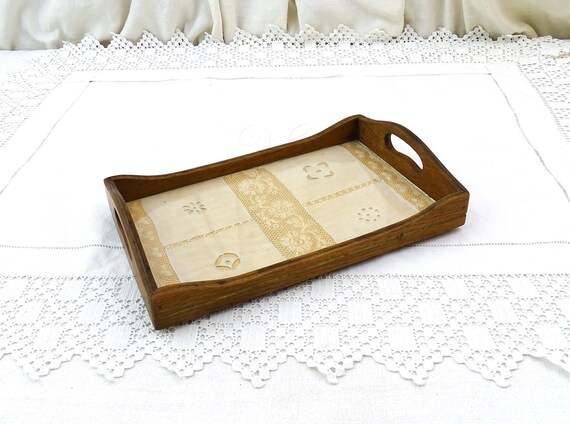 Small Antique French Wooden Tray with Glass and Hand Made Lace from Normandy, Vintage Lacey Boudoir Accessory from France, Rare Fabric