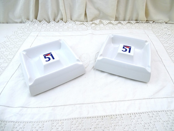 1 Large Vintage French Pastis 51 Cigarette Ashtray in White with Blue Logo, Retro Cigar Smoking Barware Accessory from France, Cote D'Azur