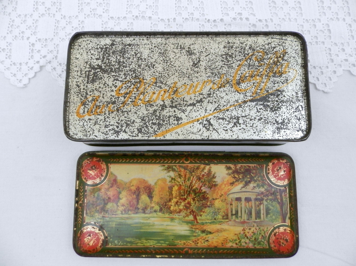 Antique French Rectangular Cookie Metal Tin with a Classical Watercolor