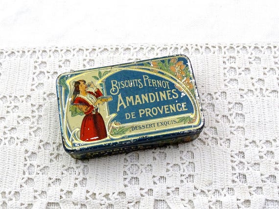 Small Antique French Art Nouveau Lithographed Metal Match Box Promotional Gift from Biscuit Pernot, Retro Victorian Vesta Tin from France