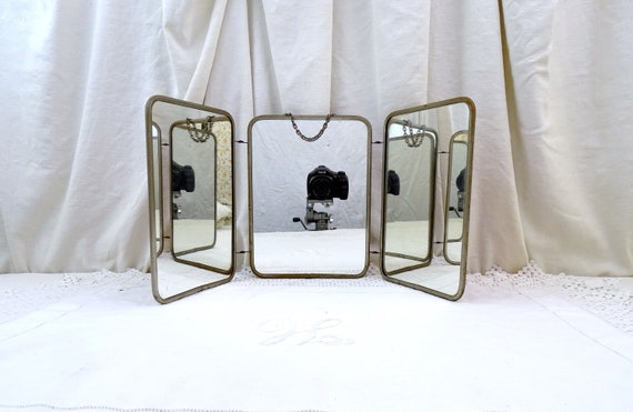 Vintage French Folding Triptych Mirror, Vintage Barbers 3 Piece Hanging Looking Glass from France, Retro Shaving Beard Bathroom Accessory