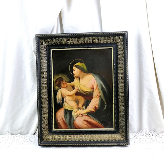 Antique 19th Century French Framed Oil Painting of Virgin Mary with Child, Handpainted Religious Picture from France Our Lady and Baby Jesus