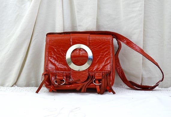 Vintage French Mid Century Red Patent Leather  Woman's Handbag with Large Silver Tone Buckle, Retro 1960s Fashion, Swinging 60s Paris France