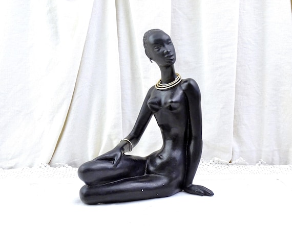 Vintage 1950s Ceramic Bust of Beautiful Young African Woman by Marc Henri, Mid Century Pottery Sculpture Statue Black Woman from Africa