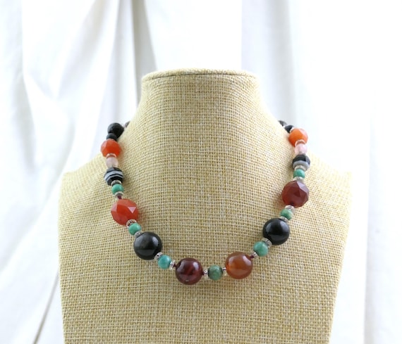 Vintage Faceted Semi Precious Stone Beaded Necklace with Hallmarked  9 Carat Clasp in Orange Green and Black Tones with Cut Glass Spacers