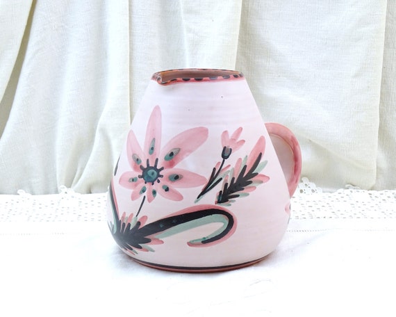 Vintage French Mid Century Pink Hand Painted Decorative Pitcher with Flower Pattern, Retro 1960s Large Studio Pottery Jug Stylized Floral