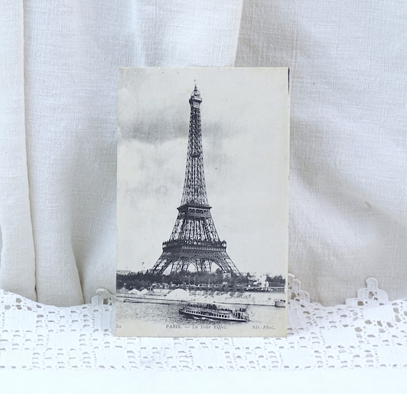 French Antique Black and White Postcard of the Eiffel Tower in Paris with the River Seine, Vintage Vacation Souvenir France