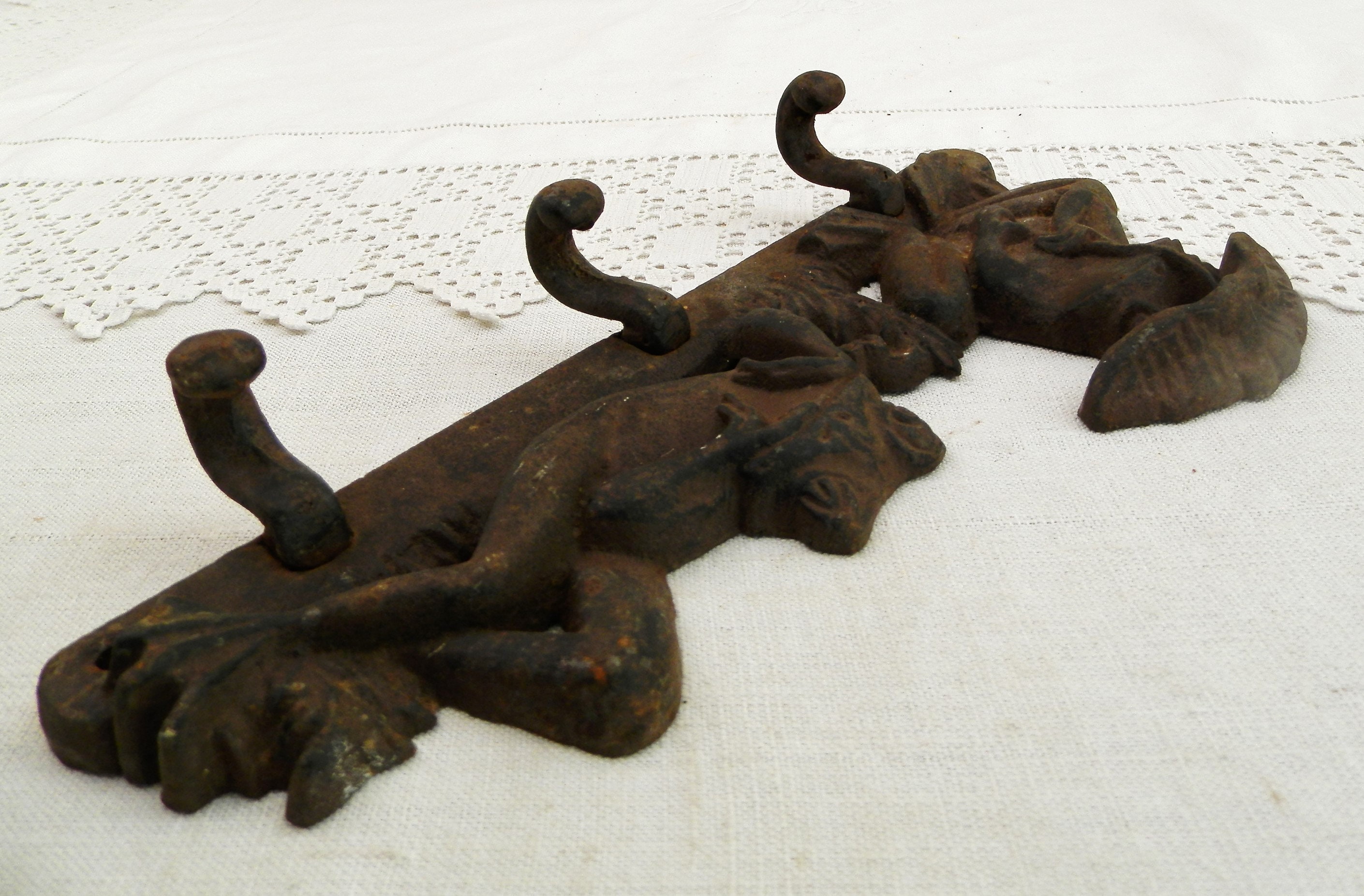 Vintage Cast Iron 3 Hook Coat Rack Decorated with 2 Frogs from France