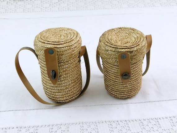 French Vintage Thermal Spa Water Glass with Straw Carrying Basket, Retro Vichy Drinking Glass with Carrier, Camping Accessory from France