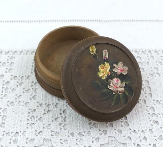 Small Vintage French Round Wooden Hand Painted Souvenir Box with Flower Pattern, Retro Little Jewelry Ring Box, Wedding Gift from France