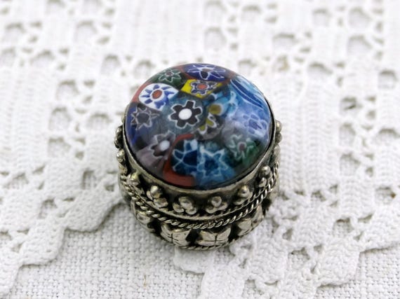 Small Vintage Handmade Pill Box with Domed Blue Millefiori Glass Lid, Retro Tiny Storage Container of Metal, Little Gift