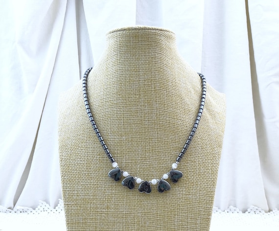 Vintage Black Hematite Necklace with Hanging Hearts and White Selenite Spacer Beads, Retro 1980s Stone Jewelry, Romantic Gift for Her
