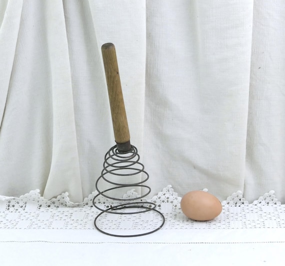 Antique French Spiral Egg Whisk with Wooden Handle, Vintage Victorian Kitchenware Accessory from France, Country Farmhouse Kitchen Decor