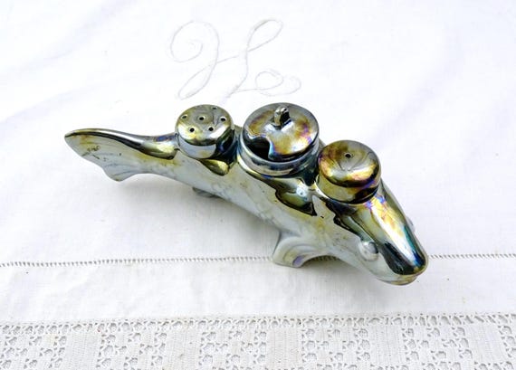 Vintage French Porcelain de France Lusterware Fish Shaped Condiment Set, Retro Porcelain China  Tableware Salt Pepper and Mustard France
