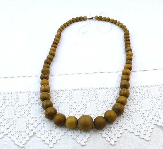 Long Vintage French Necklace with Graduated Olive Wood Beads, Retro Natural Jewelry from France,  Big Boho Fashion Wooden Accessory