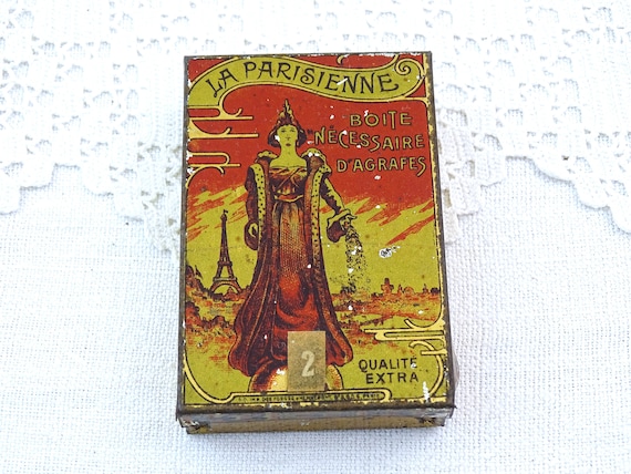 Antique French Lithographed Art Nouveau Metal Tin for La Parisienne with the Eiffel Tower from Paris in Red and Gold, Vintage Collectible