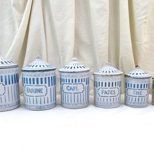 Antique French 6 Piece Enamel Canister Set in White with Blue Pattern and Lettering, Vintage Brocante Kitchen Enamelware Decor from France 画像 8