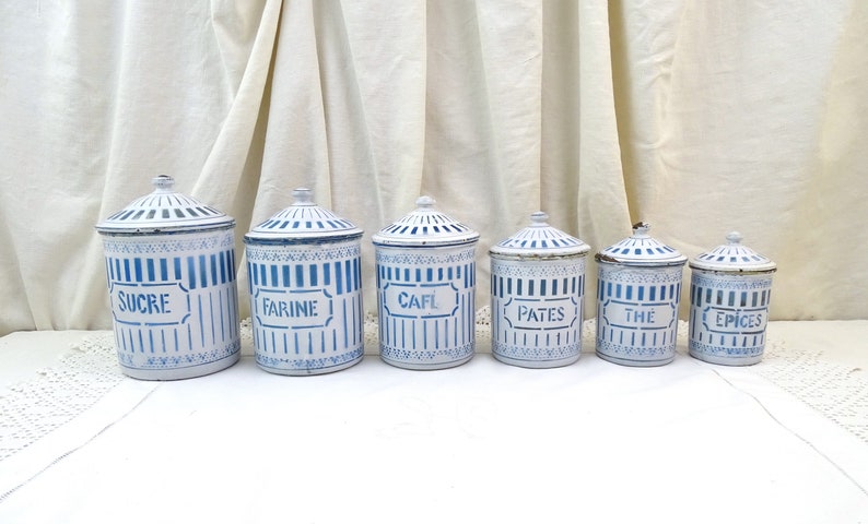 Antique French 6 Piece Enamel Canister Set in White with Blue Pattern and Lettering, Vintage Brocante Kitchen Enamelware Decor from France 画像 8