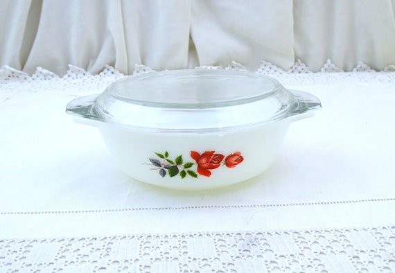 Small Vintage 1960s English JAJ Casserole Dish with Red Rose Pattern, Retro Pyrex Cooking Baking Accessory from France, Stew Making Item