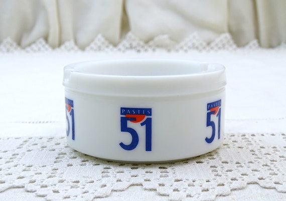 Vintage French Small Round Promotional Ashtray by Pastis 51 Drink in White Milk Glass with Blue and Red, Retro Upcycled Trinket / Ring Dish