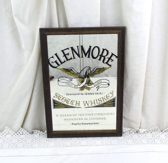 Vintage Glenmore Whiskey Advertising Printed Framed Mirror, Retro Collectible Promotional Mirrored Wall Art from France, Man Cave Decor