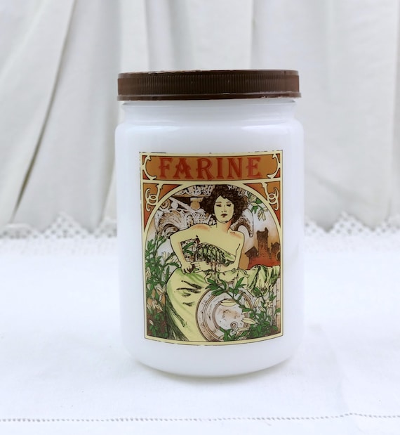 Vintage French White Milk Glass Canister with Mucha Style Art Nouveau Design, Retro 1970s Kitchen Storage Jar France for Flour Art Nouveau