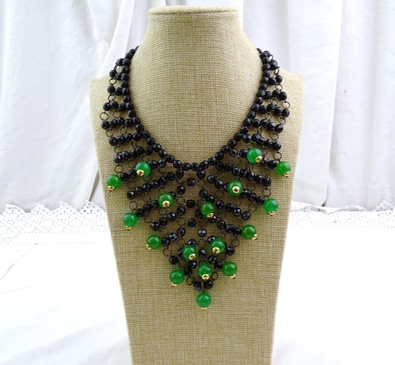 Large Vintage French Black and Green glass Beaded Fringe Necklace, Retro Woman's Jewelry from France, V Shaped Big Bead Ladies Accessory