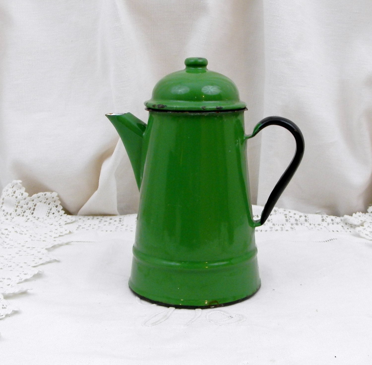 Vintage Green Enamelware Coffee Pot from France, Country Farmhouse