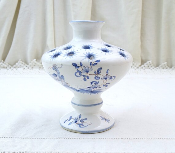 Vintage French Faience de Moustiers Pottery Flower Frog in White with Blue Pattern, Retro Traditional Floral Arranging Accessory from France