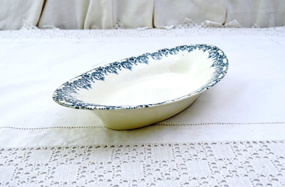 Antique Choisy Le Roi Ht Boulanger Ironstone Transferware Ceramic Side Plate in Teal Blue Pattern, Vintage Victorian Ironware Soap Dish