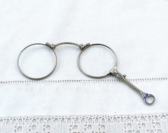 Antique French Victorian Folding Chatelaine Folding Magnifying Reading Glasses Silver Tone Metal Blue Enameled Handle, Vintage Spectacles